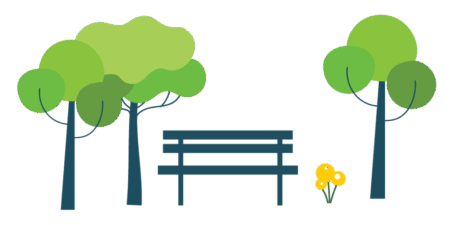 park illustration with a bench, green trees, small yellow flowers