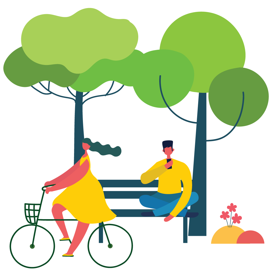 outdoor park illsutration of woman riding bicycle and man sitting on a bench with trees in the background